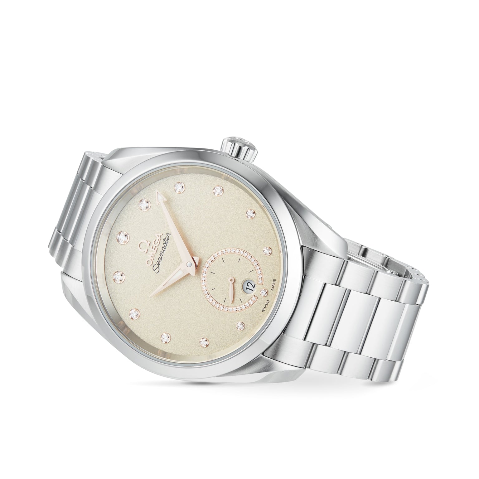 The OMEGA Seamaster Aqua Terra 150M is a silver wristwatch featuring a cream face, diamond hour markers, date display, stainless steel link band, and precise 8802 calibre movement.
