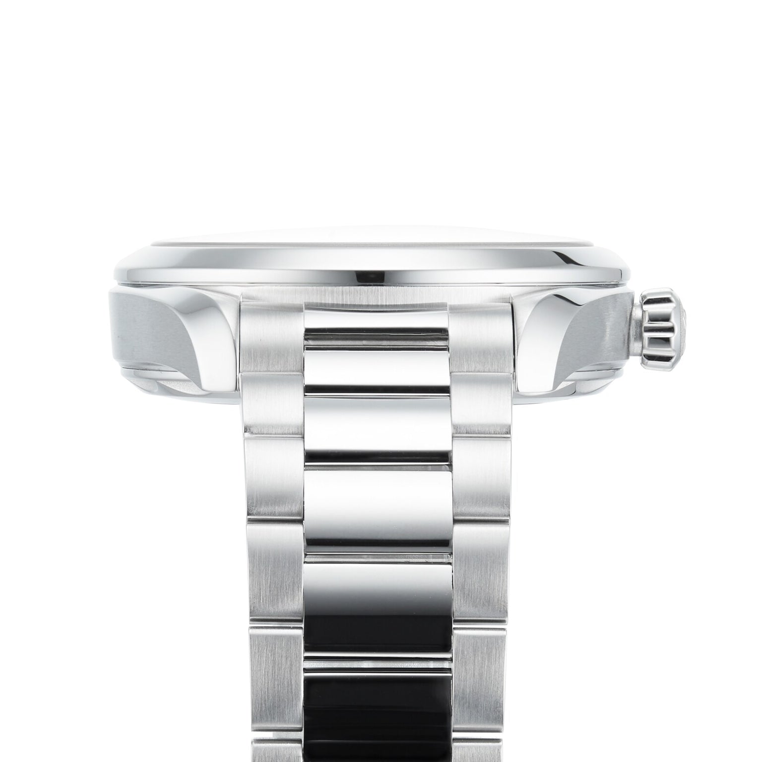 Side view of an OMEGA Seamaster Aqua Terra 150M in silver stainless steel with a metal link band and right-side crown, featuring the 8802 calibre movement, shown against a white background.