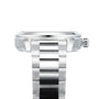 Side view of an OMEGA Seamaster Aqua Terra 150M in silver stainless steel with a metal link band and right-side crown, featuring the 8802 calibre movement, shown against a white background.