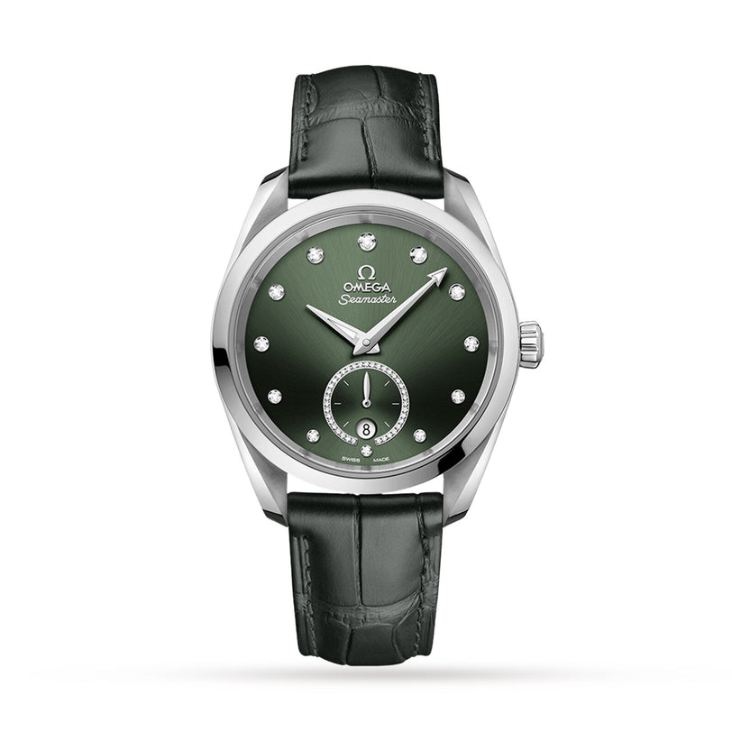 The OMEGA Seamaster Aqua Terra 150M, showcasing maritime heritage with a diamond-studded dial, silver indices, and a green leather strap, is elegantly displayed against a white background.