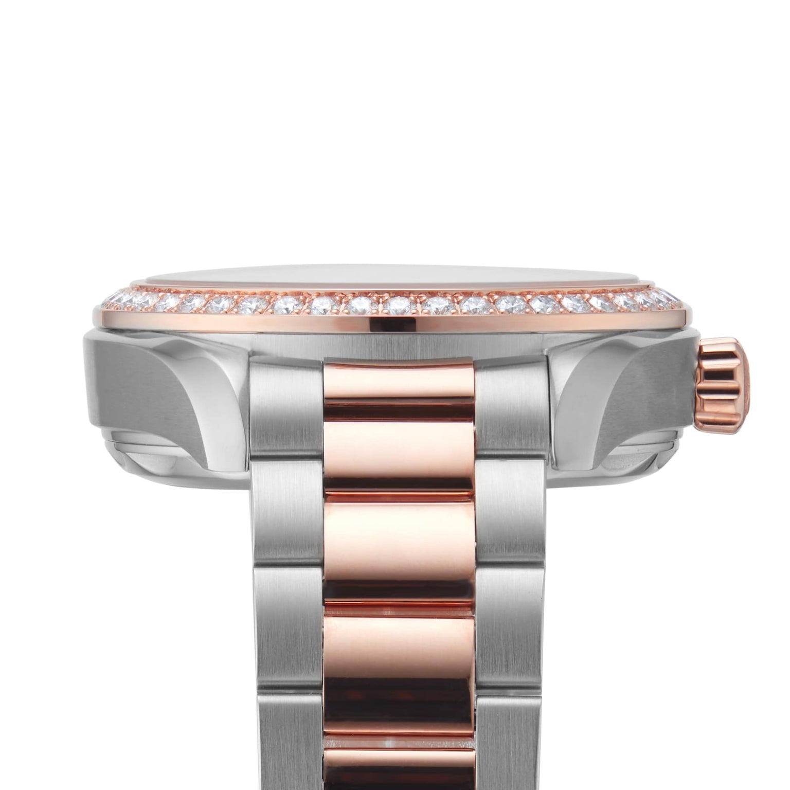 Close-up side view of the OMEGA Seamaster Aqua Terra 150M ladies watch, showcasing luxury materials, a diamond-studded bezel, and rose gold crown and bracelet accents.