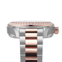 Close-up side view of the OMEGA Seamaster Aqua Terra 150M ladies watch, showcasing luxury materials, a diamond-studded bezel, and rose gold crown and bracelet accents.