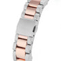Close-up of the OMEGA Seamaster Aqua Terra 150M bracelet, highlighting a two-tone design with brushed stainless steel and polished rose gold center links for a luxurious ladies watch finish.