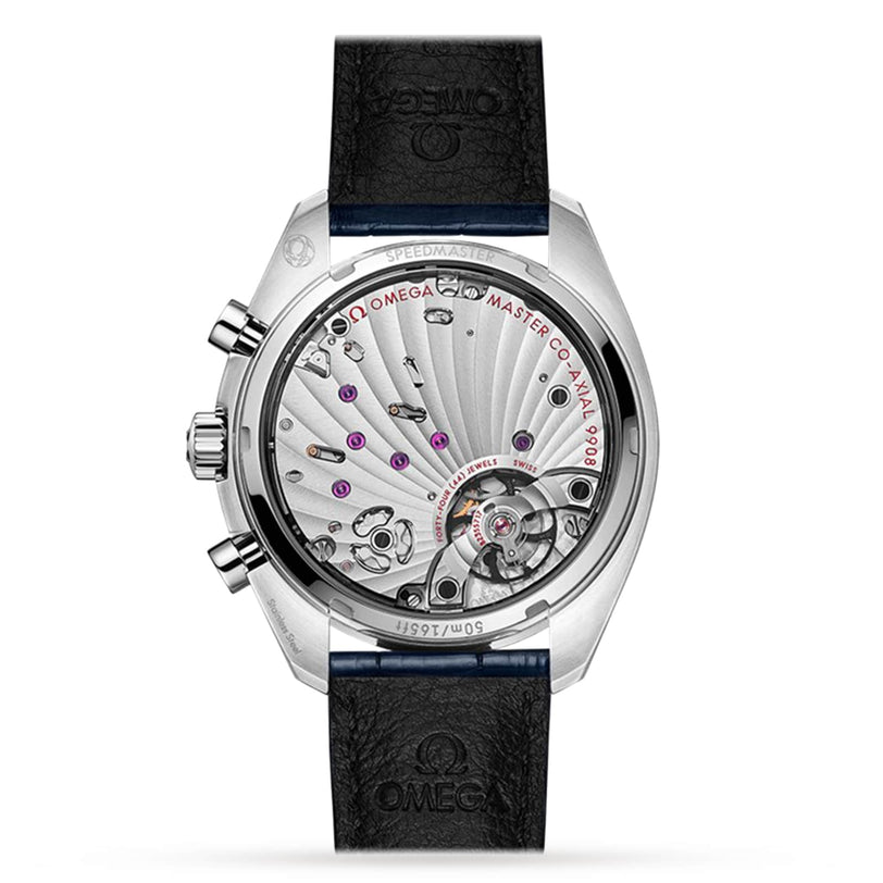 Back view of the OMEGA Speedmaster Chronoscope shows its intricate movement and engravings through a transparent case back, paired with a black leather strap and inspired by classic 1940s design.