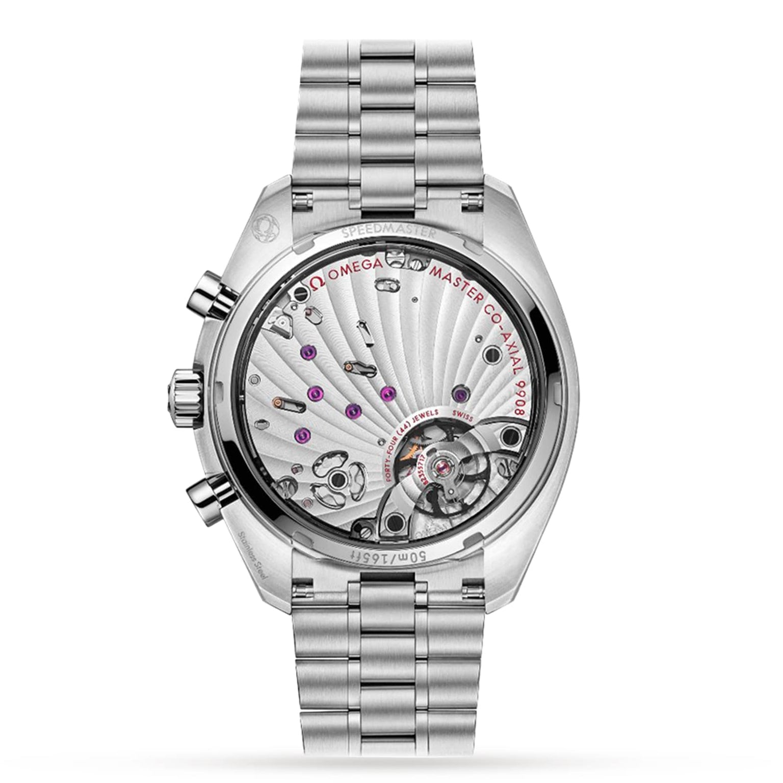 Back view of the OMEGA Speedmaster Chronoscope revealing its detailed mechanical movement through a transparent case back.