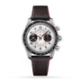 The OMEGA Speedmaster Chronoscope is a 43mm stainless steel chronograph featuring a white dial with black subdials, tachymeter bezel, and a black perforated strap with red accents.