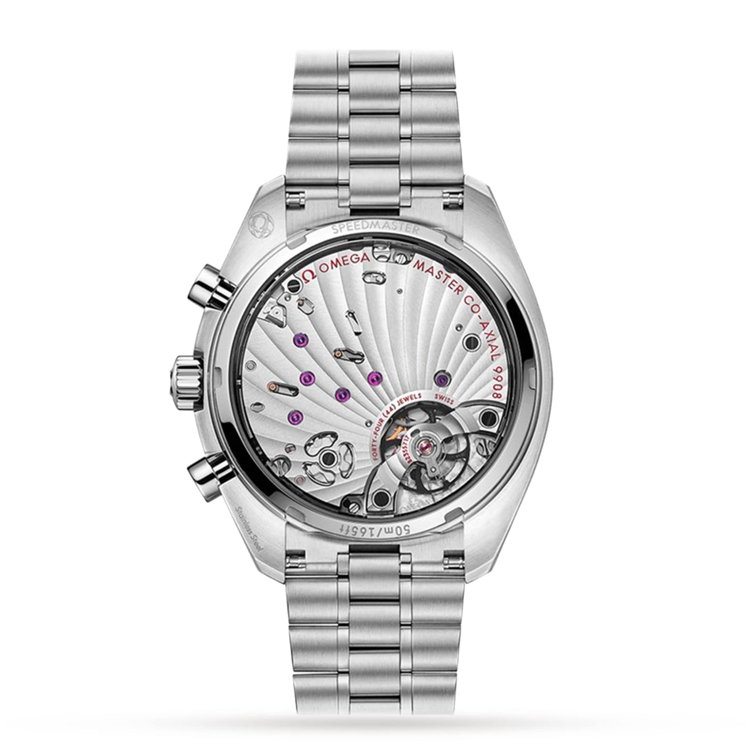 The back of the OMEGA Speedmaster Chronoscope in silver features a transparent case, showcasing its detailed 9908 calibre movement and inner workings.