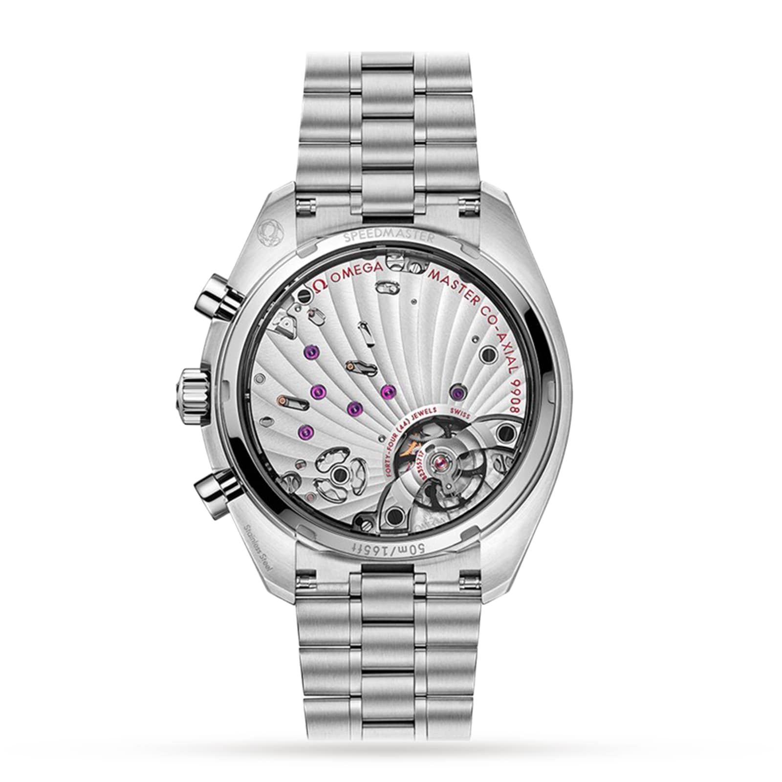 The back of the OMEGA Speedmaster Chronoscope in silver features a transparent case, showcasing its detailed 9908 calibre movement and inner workings.