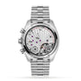 The back of the OMEGA Speedmaster Chronoscope in silver features a transparent case, showcasing its detailed 9908 calibre movement and inner workings.