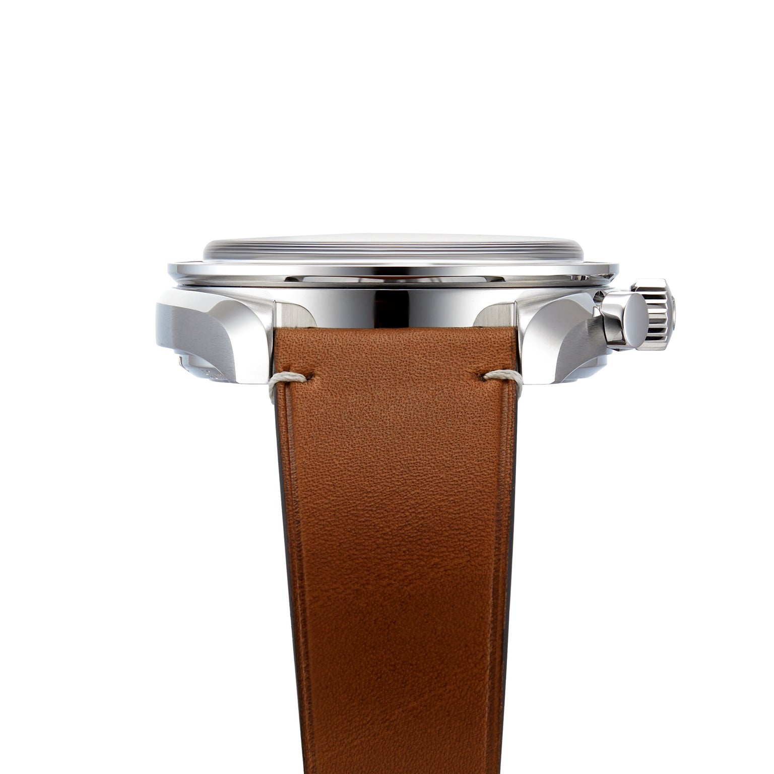 Side view of an OMEGA Speedmaster Chronoscope with a silver case, clear crystal, and brown leather strap, highlighting its elegant design against a white background.