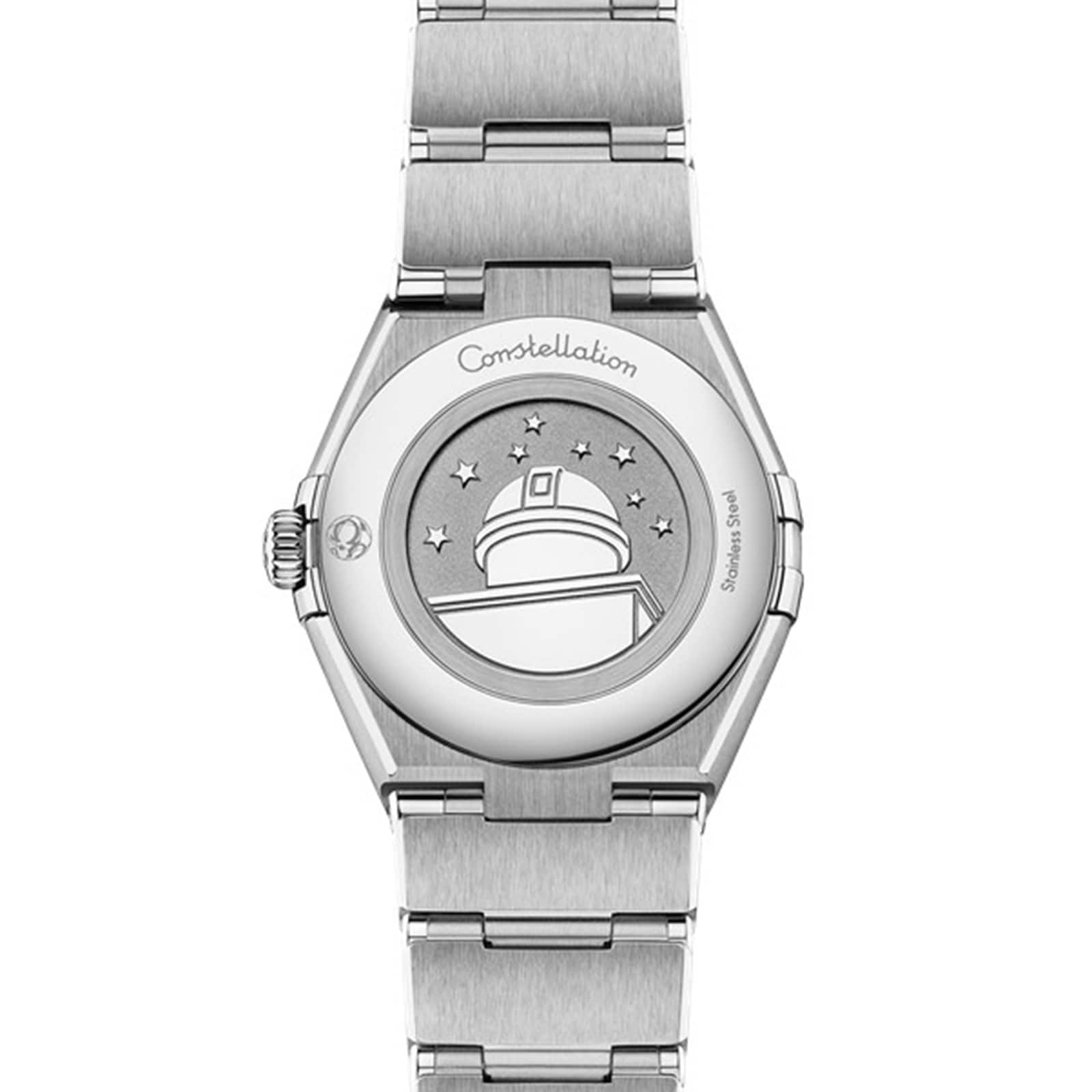 The back of the OMEGA Constellation wristwatch features an engraving of an observatory with stars and the word Constellation.