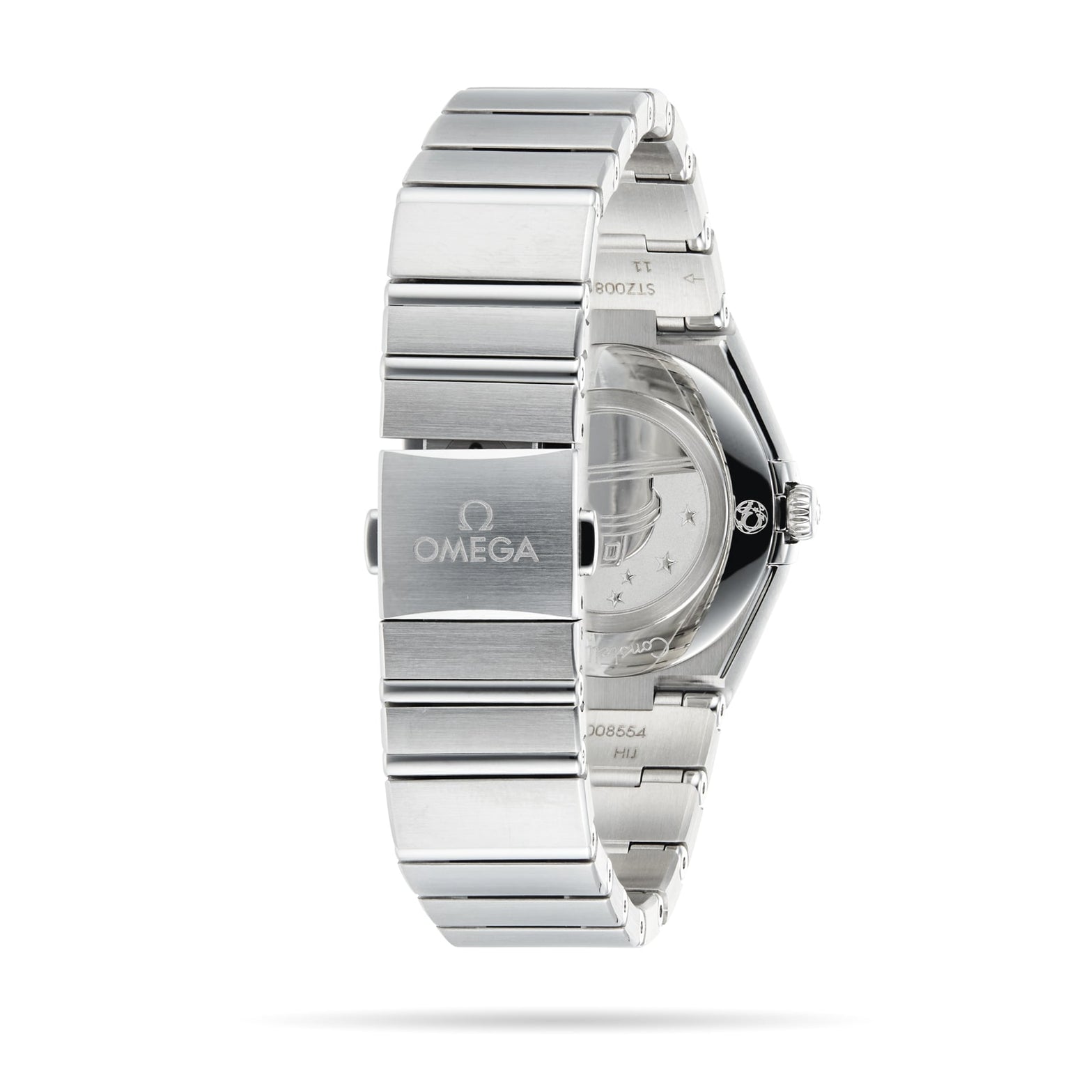 The back view of the OMEGA Constellation showcases its silver stainless steel bracelet, clasp with the OMEGA logo, and a sleek stainless steel case.