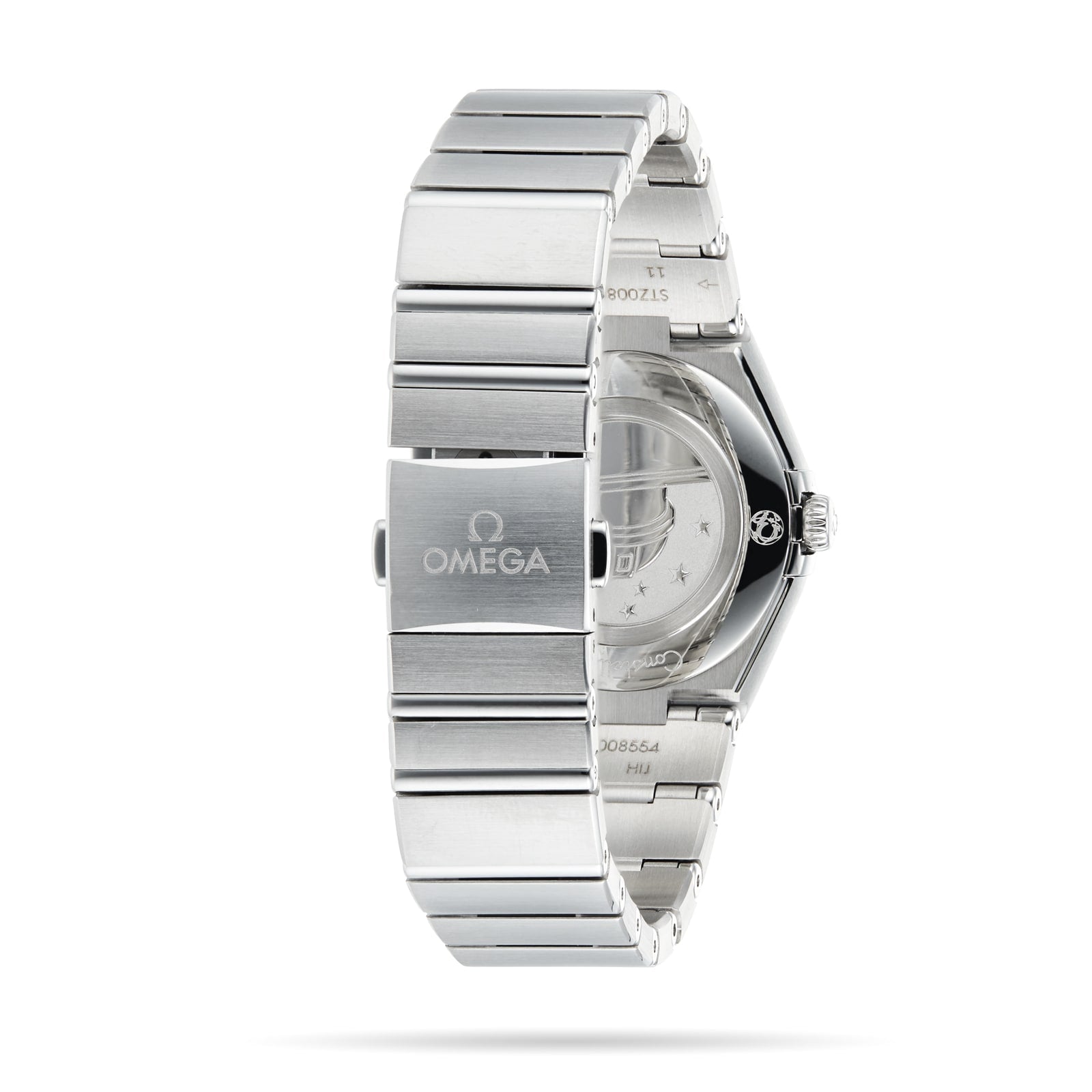The back view of the OMEGA Constellation showcases its silver stainless steel bracelet, clasp with the OMEGA logo, and a sleek stainless steel case.