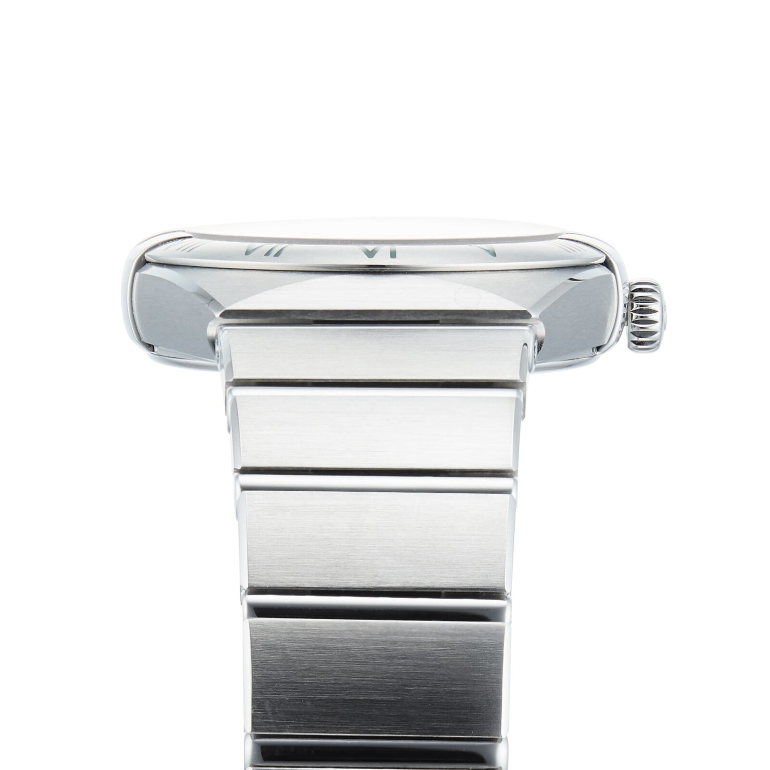 Side view of the OMEGA Constellation wristwatch featuring a stainless steel case, metal bracelet, and a round crown on the right side.