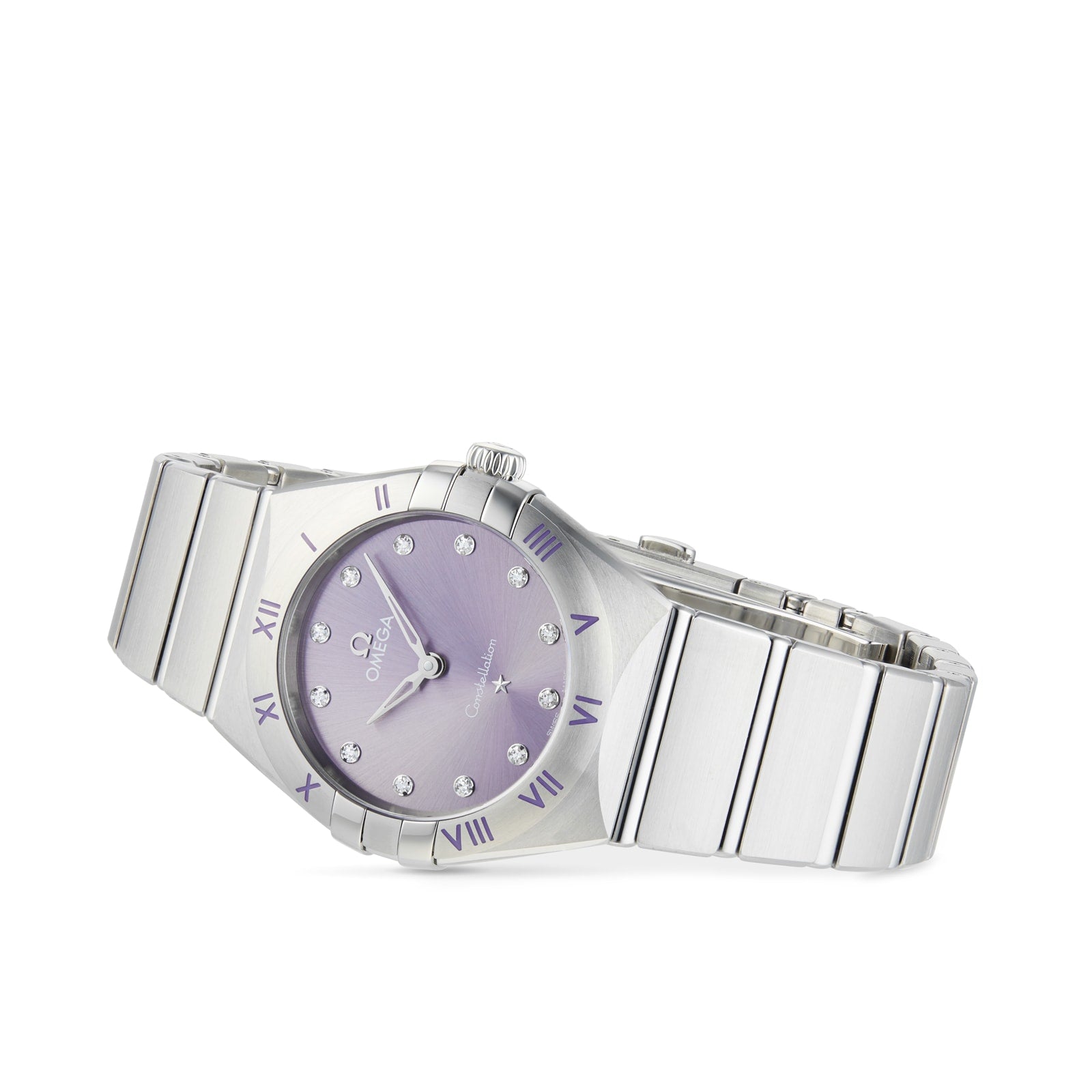 The OMEGA Constellation features a silver stainless steel case, patchouli blossom dial, diamond hour markers, and Roman numerals on the bezel, displayed at an angle.