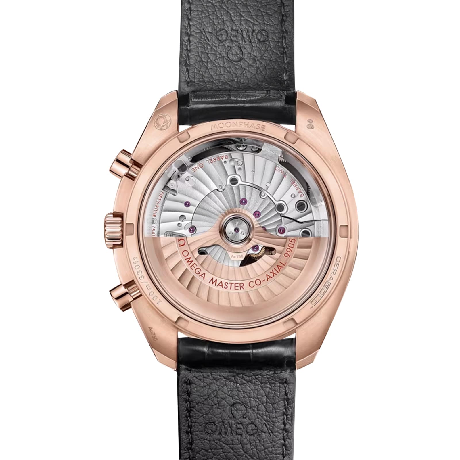 The back of the OMEGA Speedmaster Moonphase 44 shows its exposed mechanical movement, complemented by a black leather strap, Omega Master Co-Axial labeling, and elegant accents of 18K Sedna™ gold.
