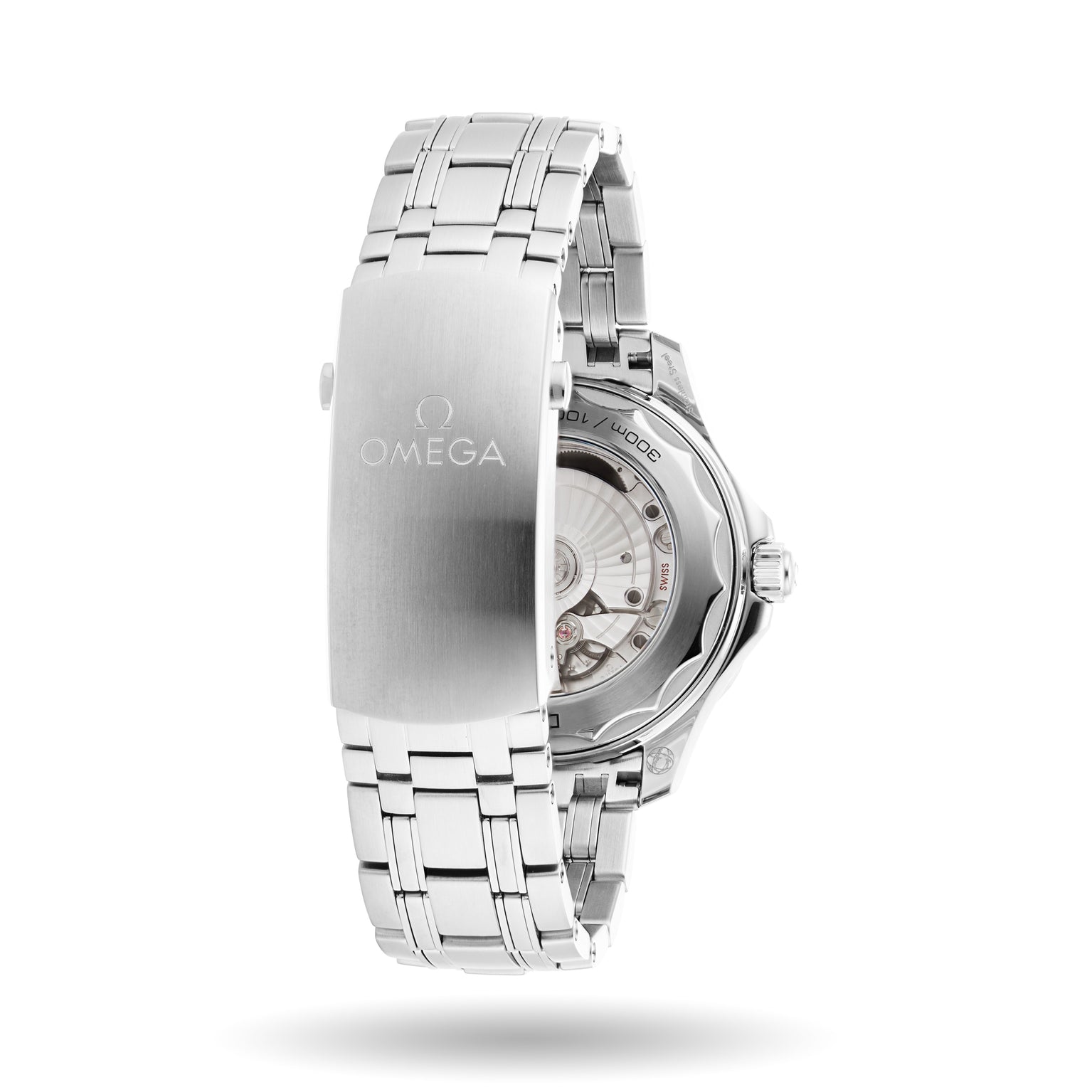 An OMEGA Seamaster Diver 300M wristwatch in stainless steel with an open clasp, engraved OMEGA logo, and an exposed Master Chronometer Calibre 8800 movement visible through the case back.