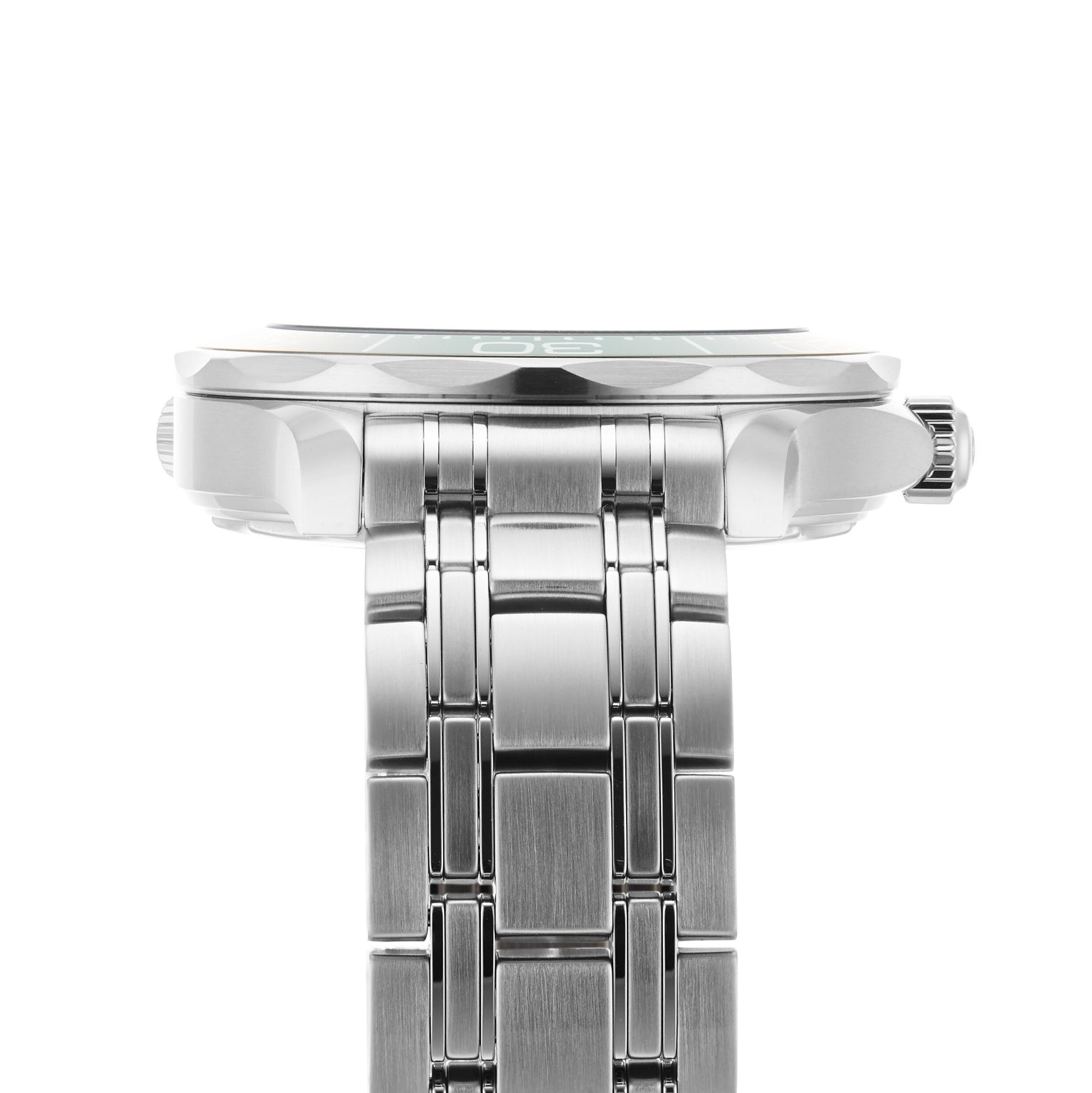 A close-up side view of the OMEGA Seamaster Diver 300M wristwatch with a stainless steel case, crown, and metal link bracelet shown in detail against a white background.