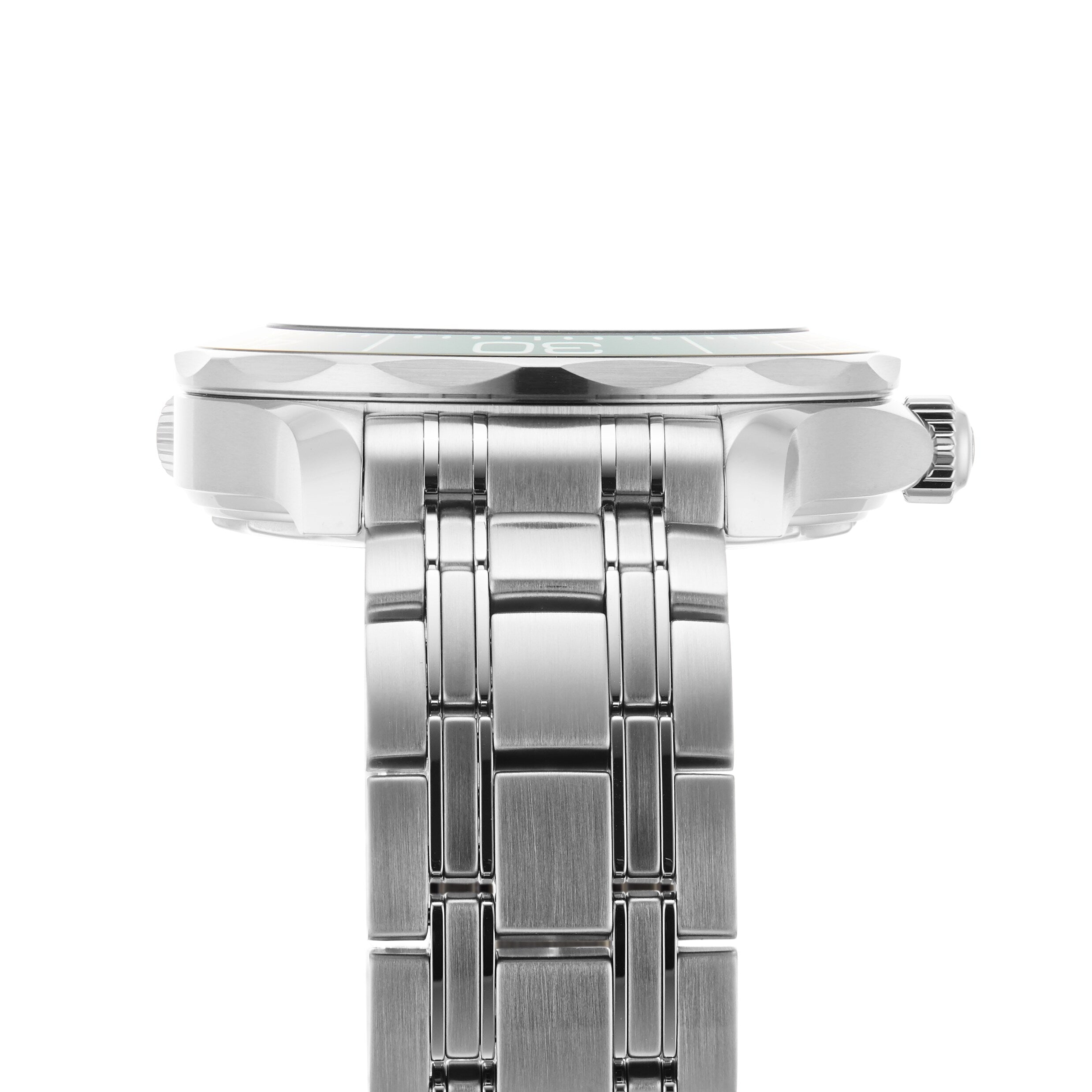 A close-up side view of the OMEGA Seamaster Diver 300M wristwatch with a stainless steel case, crown, and metal link bracelet shown in detail against a white background.