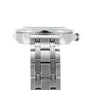 A close-up side view of the OMEGA Seamaster Diver 300M wristwatch with a stainless steel case, crown, and metal link bracelet shown in detail against a white background.