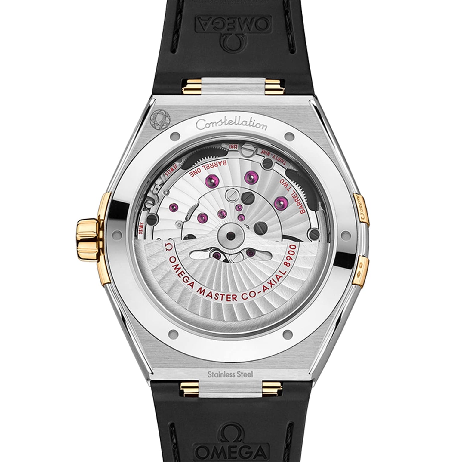 Close-up of the back of the OMEGA Constellation watch, highlighting its master chronometer-certified 8900 calibre movement with engraved details, gold accents, and a black strap.