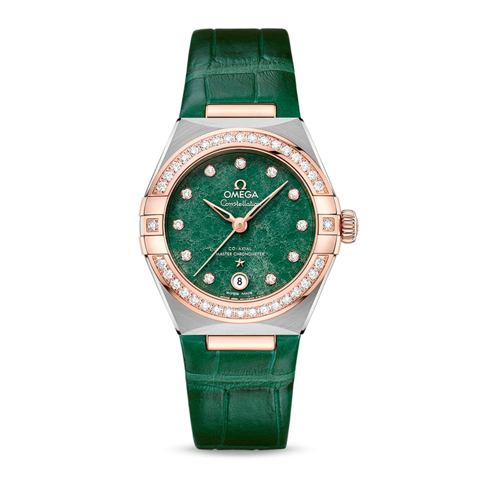 The OMEGA Constellation features a green leather strap, diamond bezel, green dial with round diamond hour markers, and 18K Sedna™ gold accents. This Master Chronometer watch exemplifies luxury and precision.