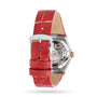 Rear view of the OMEGA Constellation wristwatch, featuring a red leather strap, silver buckle, and visible 8700 calibre movement through a transparent case back—highlighting the precision of OMEGA’s renowned craftsmanship.