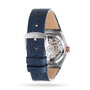 Back view of the OMEGA Constellation wristwatch with a blue leather strap, silver buckle, and a transparent case back showcasing its movement—an elegant hallmark of the Constellation collection.