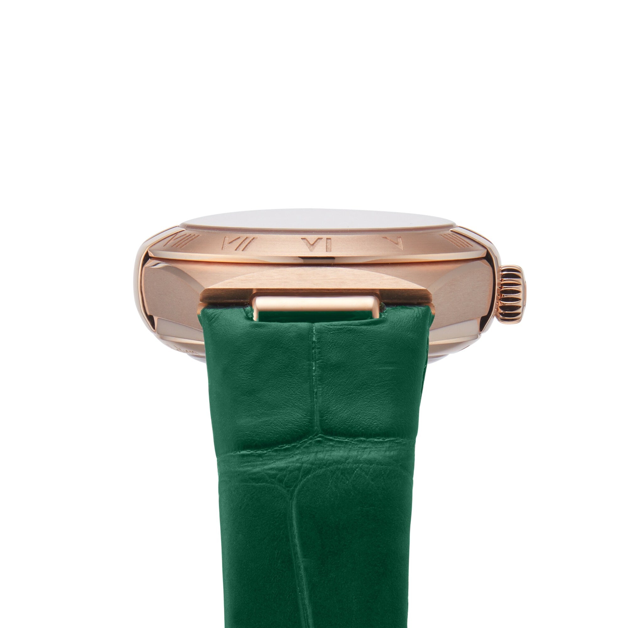 Close-up of the OMEGA Constellation timepiece with an aventurine stone dial, 18K Sedna™ gold case, Roman numerals, and a green leather strap.