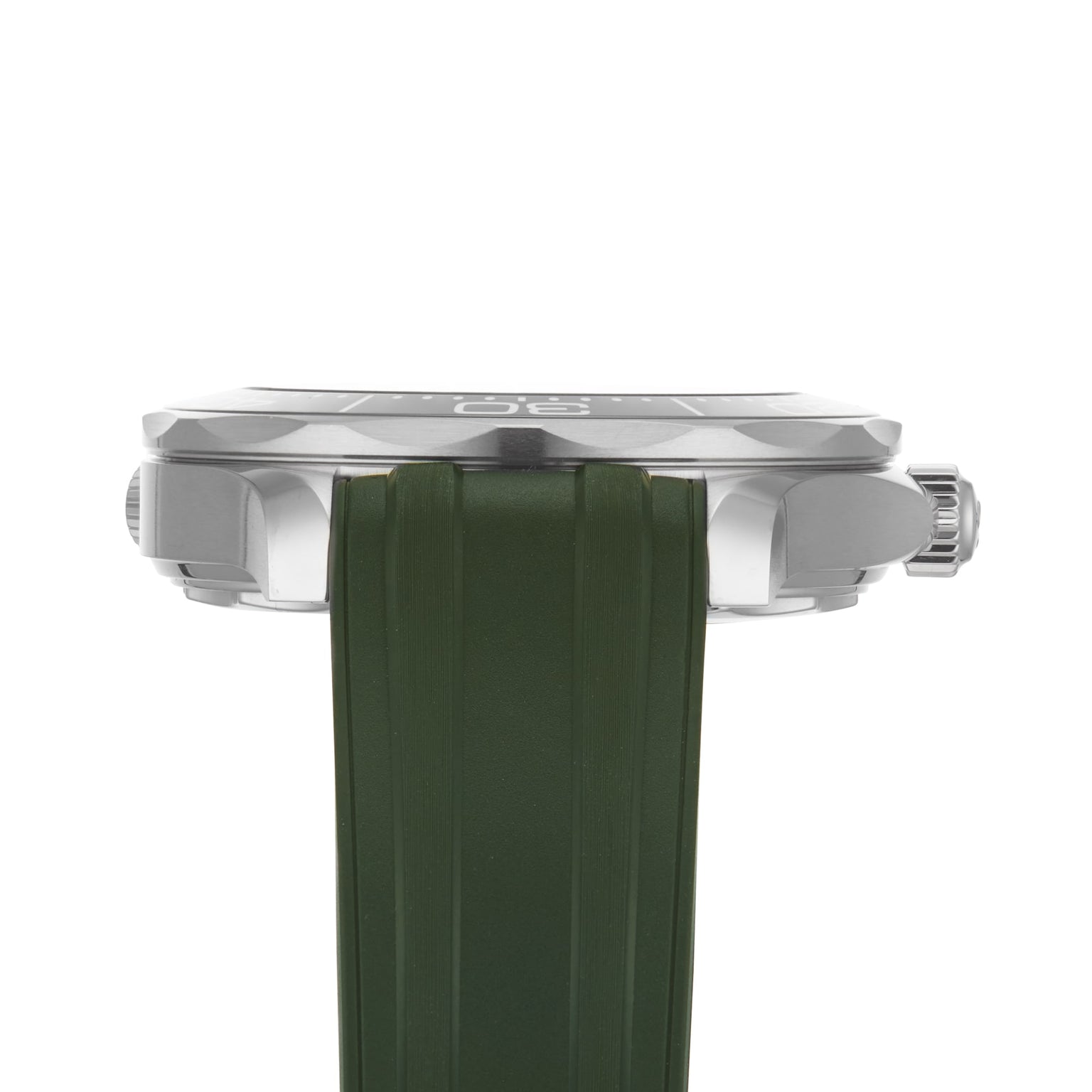 Side view of a silver OMEGA Seamaster Diver 300M with a green rubber strap and textured crown, highlighting its impressive water resistance against a white background.