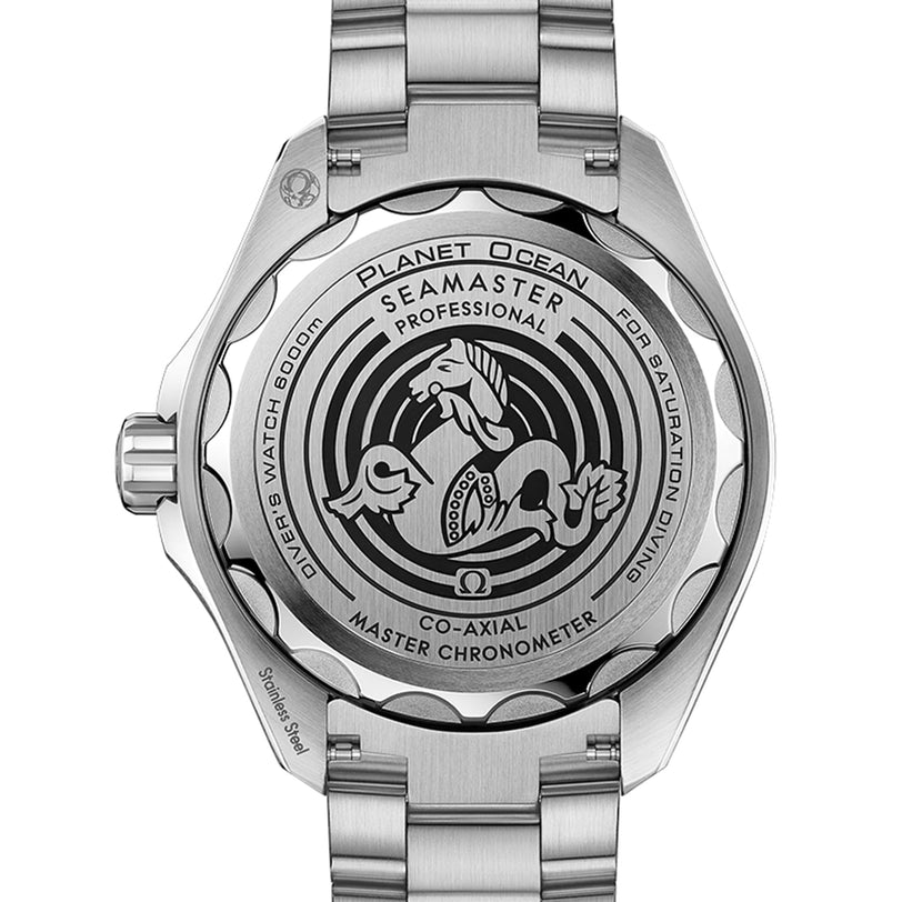 OMEGA Seamaster Planet Ocean 6000M features a stainless steel caseback engraved with the seahorse logo, model details, and water resistance specs inspired by professional saturation divers’ watches.