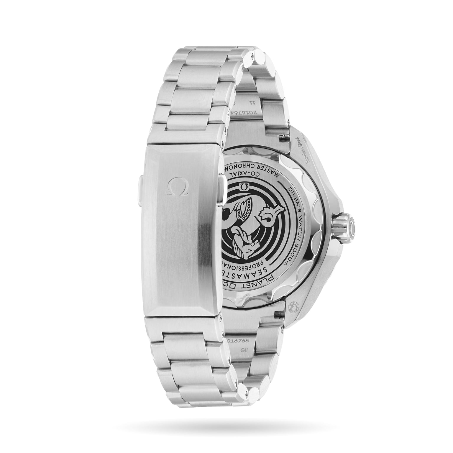 The image displays the back of an OMEGA Seamaster Planet Ocean 6000M, highlighting its engraved Seamaster logo, durable metal bracelet with clasp, and O-MEGASTEEL construction renowned for superior water resistance.