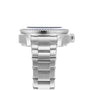 Side view of the OMEGA Seamaster Planet Ocean 6000M, a water-resistant stainless steel wristwatch with linked bracelet, crown, and ridged bezel against a white background—crafted from robust O-MEGASTEEL for durability.