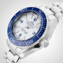 An OMEGA Seamaster Planet Ocean 6000M wristwatch in stainless steel with a blue bezel, white dial, and silver bracelet—designed for saturation divers—shown angled on a light background.
