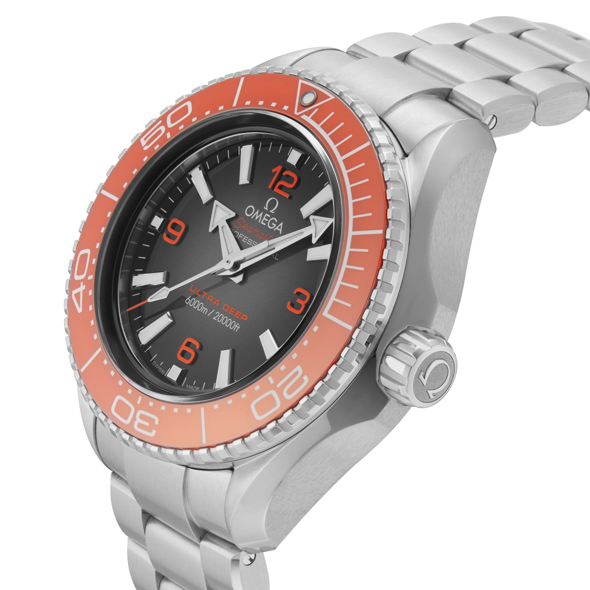 An OMEGA Seamaster Planet Ocean 6000M in stainless steel, with an orange bezel, black dial, and silver bracelet, shown at an angle to highlight the crown and side profile.