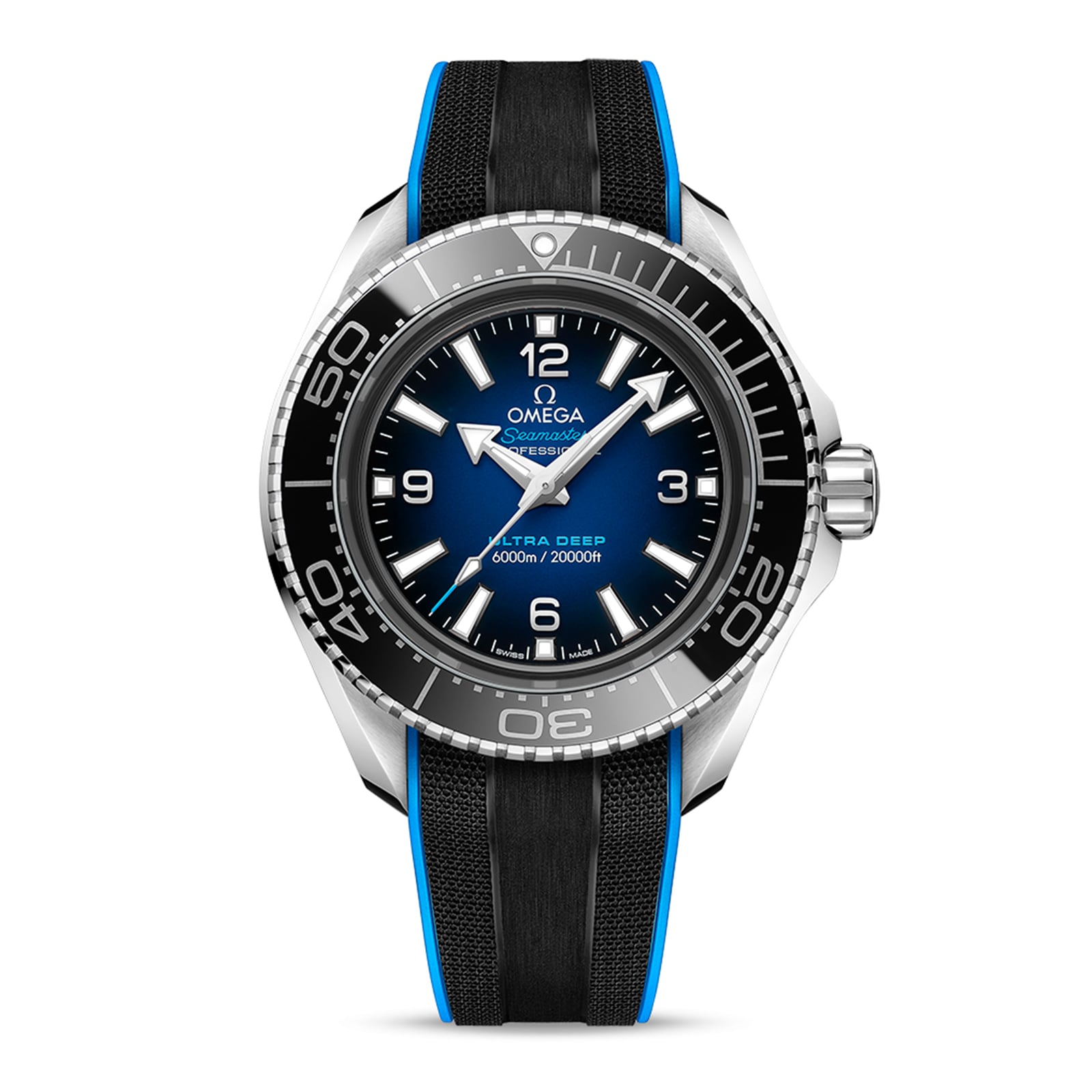 A close-up of an OMEGA Seamaster Planet Ocean 600M wristwatch with a blue and black dial, white markings, and a black strap with blue edges, featuring the robust O-MEGASTEEL case and precise 8912 calibre movement.