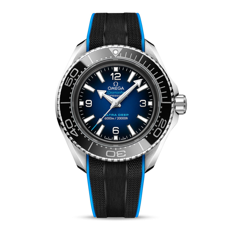 A close-up of an OMEGA Seamaster Planet Ocean 600M wristwatch with a blue and black dial, white markings, and a black strap with blue edges, featuring the robust O-MEGASTEEL case and precise 8912 calibre movement.