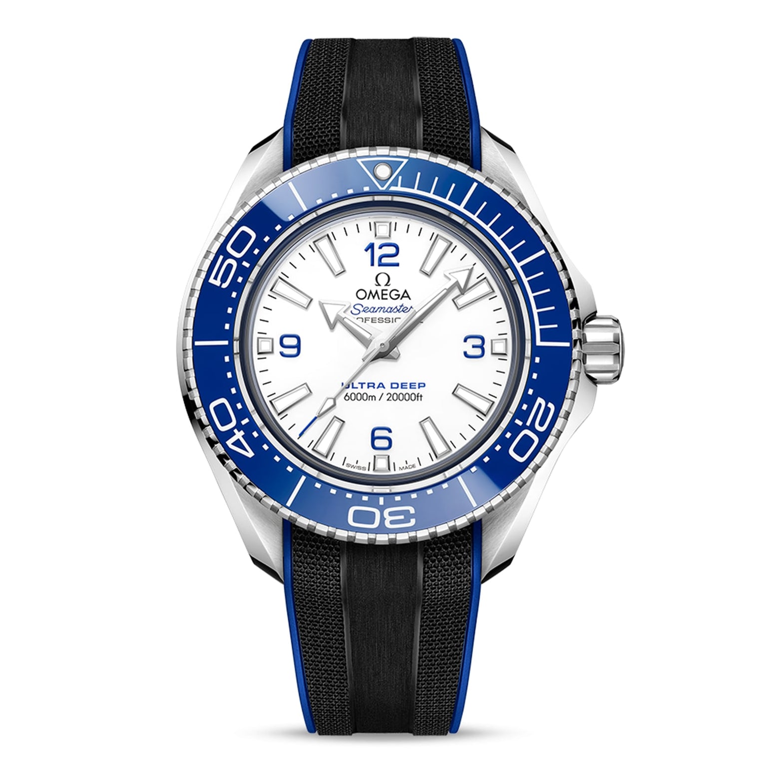 The OMEGA Seamaster Planet Ocean 6000M features a stainless steel case, white dial, blue bezel, black rubber strap, and bold white numerals. Displayed at 10:08:38, its engineered for exceptional water resistance on deep-sea adventures.