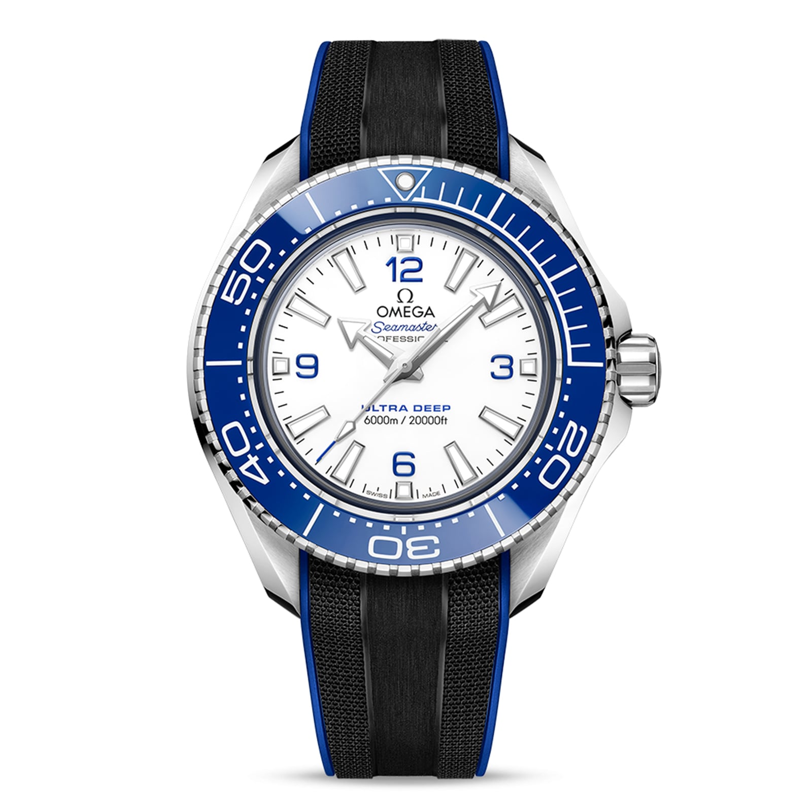 The OMEGA Seamaster Planet Ocean 6000M features a stainless steel case, white dial, blue bezel, black rubber strap, and bold white numerals. Displayed at 10:08:38, its engineered for exceptional water resistance on deep-sea adventures.