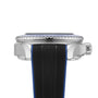 Side view of the OMEGA Seamaster Planet Ocean 6000M with a robust O-MEGASTEEL case, textured blue and black strap, and ridged crown. Its water-resistant design ensures lasting durability for daily use.