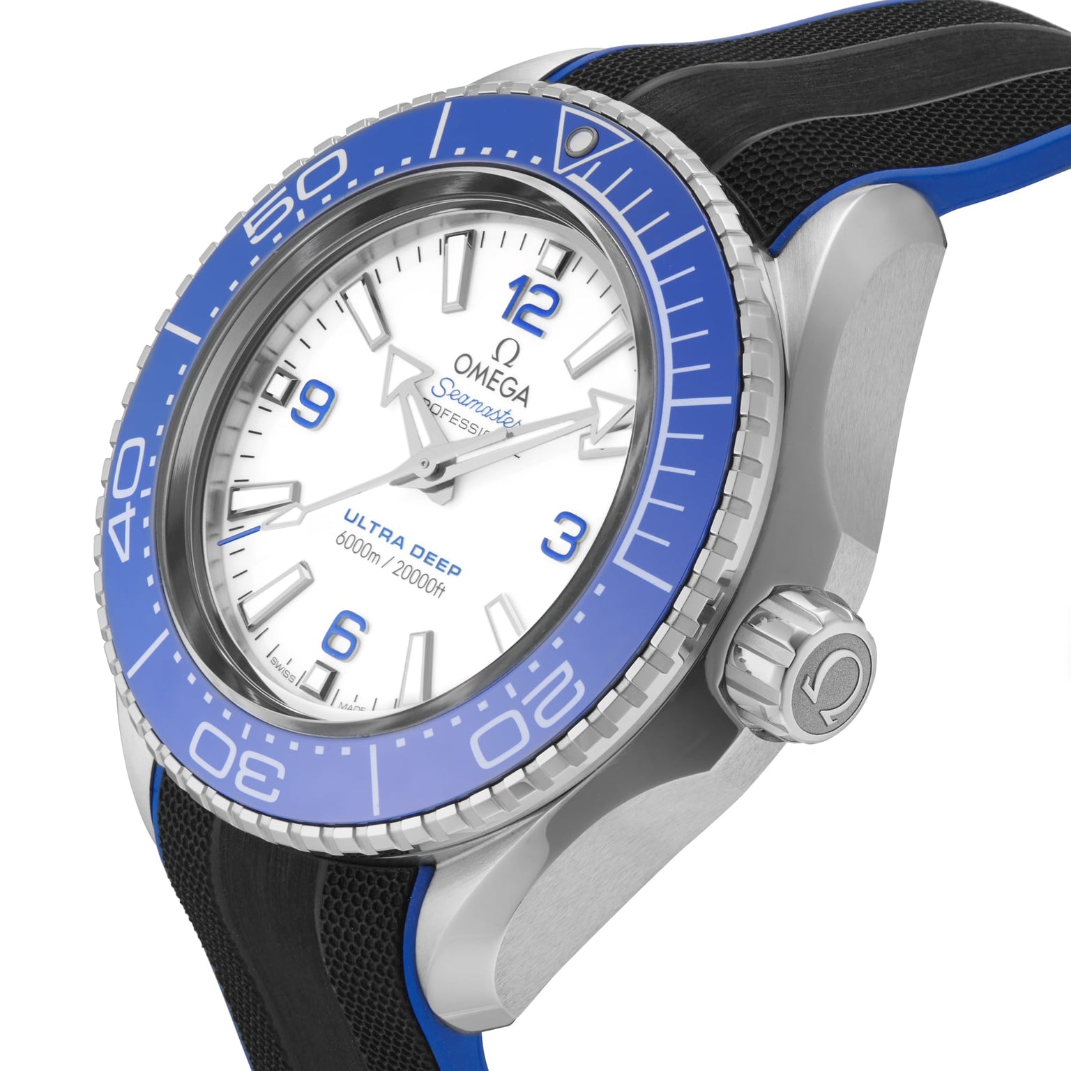 A close-up of the OMEGA Seamaster Planet Ocean 6000M watch with a blue bezel, white dial, black strap, and robust case highlights its exceptional water-resistant design.