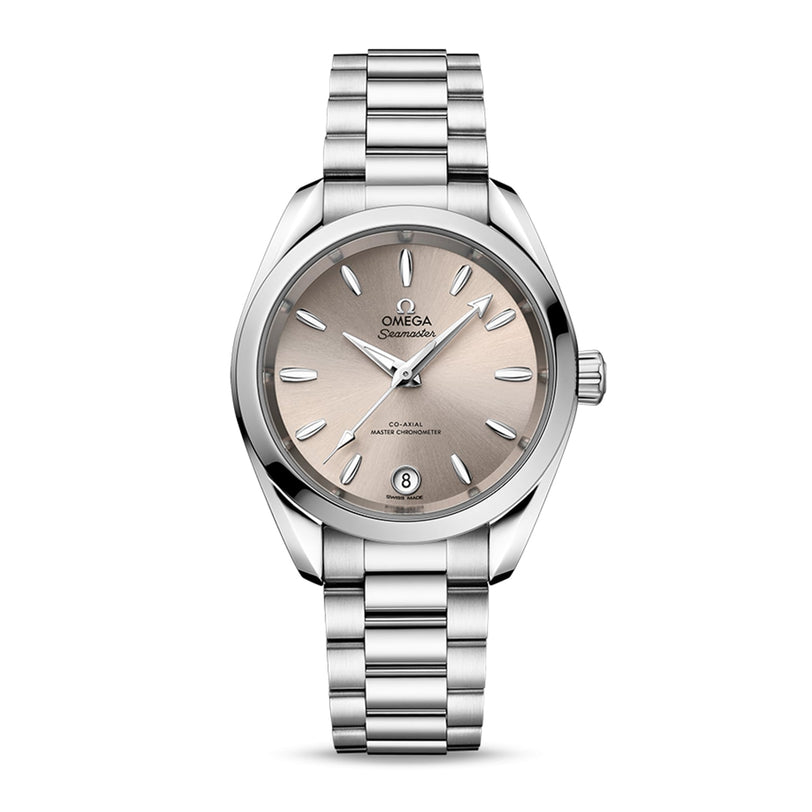 An OMEGA Seamaster Aqua Terra 150M wristwatch featuring a stainless steel case, silver dial with index markers, Master Chronometer 8800 calibre, date at 6 o’clock, and a metal link bracelet.