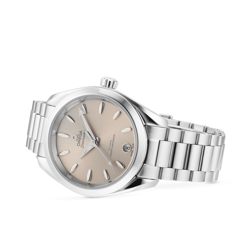 An angled view of the OMEGA Seamaster Aqua Terra 150M wristwatch in stainless steel, featuring a silver dial, date window at 6 o’clock, Master Chronometer certification, and a metal bracelet.