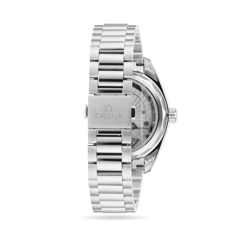 The image shows the back of an OMEGA Seamaster Aqua Terra 150M stainless steel wristwatch with a clasp engraved with the OMEGA logo and a partially visible transparent case back.