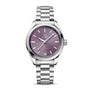 The OMEGA Seamaster Aqua Terra 150M is a stainless steel watch with a purple dial, silver hour markers, date at six o’clock, and a metal link bracelet reflecting its maritime heritage.