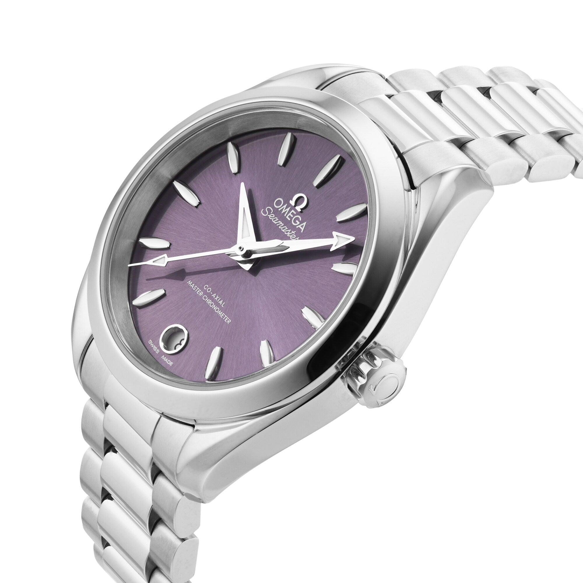The OMEGA Seamaster Aqua Terra 150M is a silver wristwatch featuring a purple dial, date display at 6 o’clock, and stainless steel bracelet, combining maritime heritage with refined elegance.