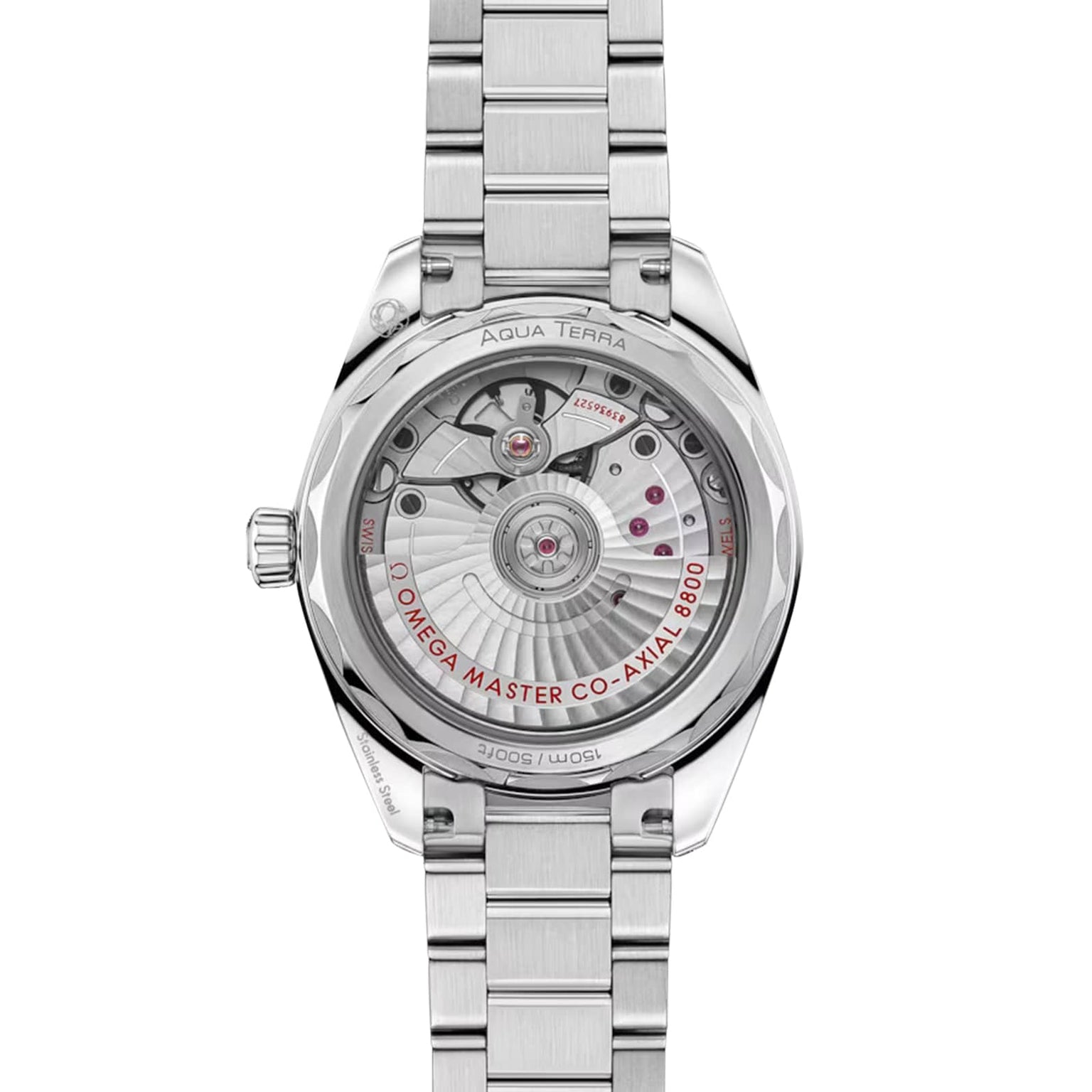 Back view of the OMEGA Seamaster Aqua Terra 150M showcasing its exposed automatic movement, labeled OMEGA Master Chronometers, within a stainless steel case and bracelet.