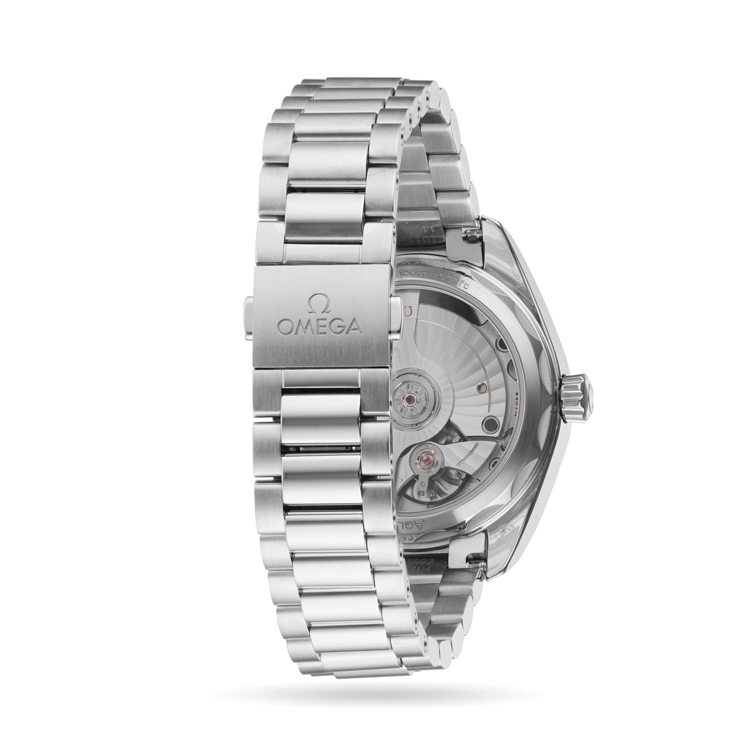 Reverse view of the OMEGA Seamaster Aqua Terra 150M, highlighting its stainless steel bracelet and transparent case back that displays the Master Chronometer 8800 calibre movement.