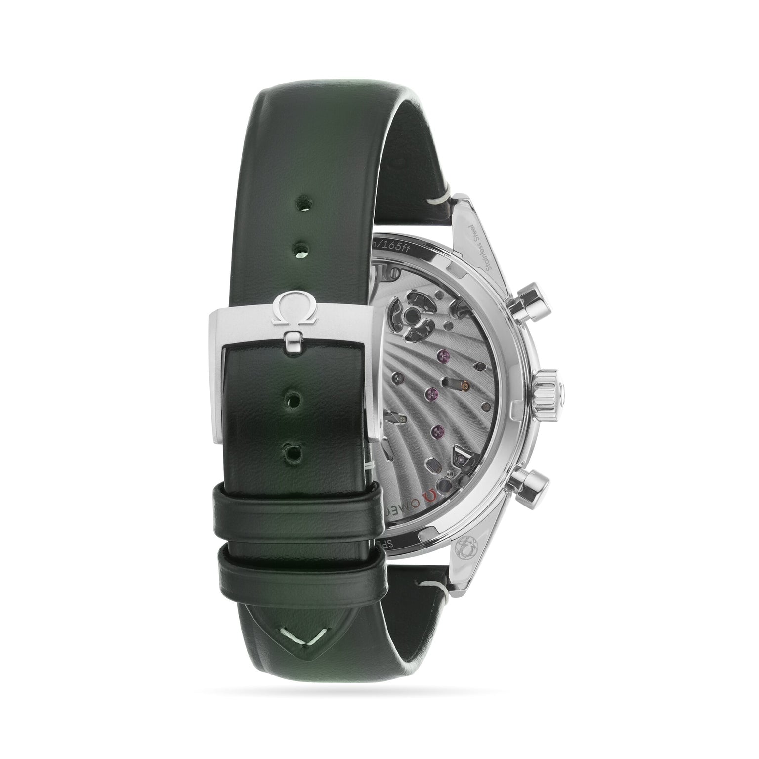 The OMEGA Speedmaster 57 is displayed from the back, showcasing its green leather strap, stainless steel case, transparent case back, and visible Master Chronometer mechanical movement.