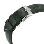Close-up of a dark green leather strap with silver buckle and adjustment holes, set against white—perfectly complementing the OMEGA Speedmaster 57’s classic style.